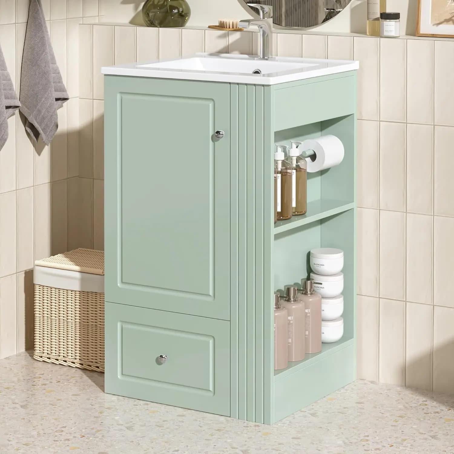 Mobile bagno freestanding da 20 pollici con lavabo in ceramica, cassetto soft-close, portasciugamani in pino, MDF, salvaspazio, personalizzabile