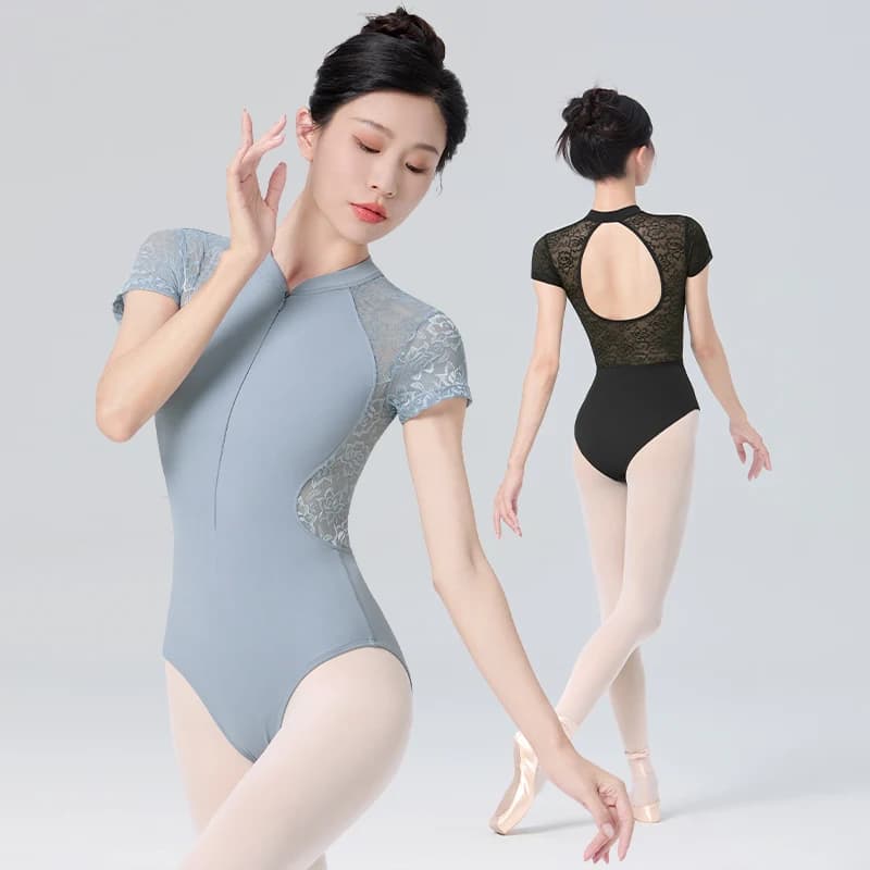 Body da balletto da donna a maniche corte con cerniera dolcevita body da ballo body da ginnastica senza schienale abiti da ballerina in pizzo nero per adulti