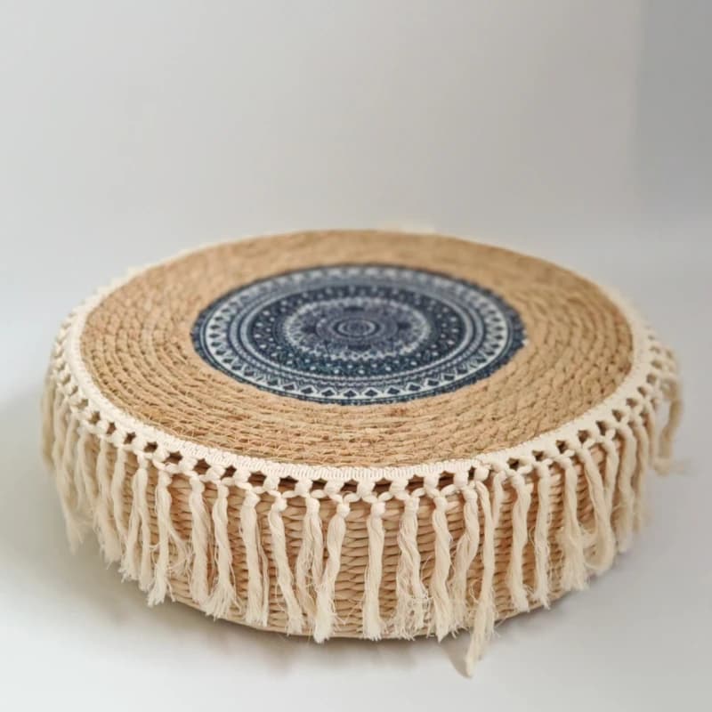 Round Straw Fringe Floor Cushion, Non Slip Meditation Sitting Mat, All Purpose Window Sill Rug, Flexible Cotton Prayer Pad
