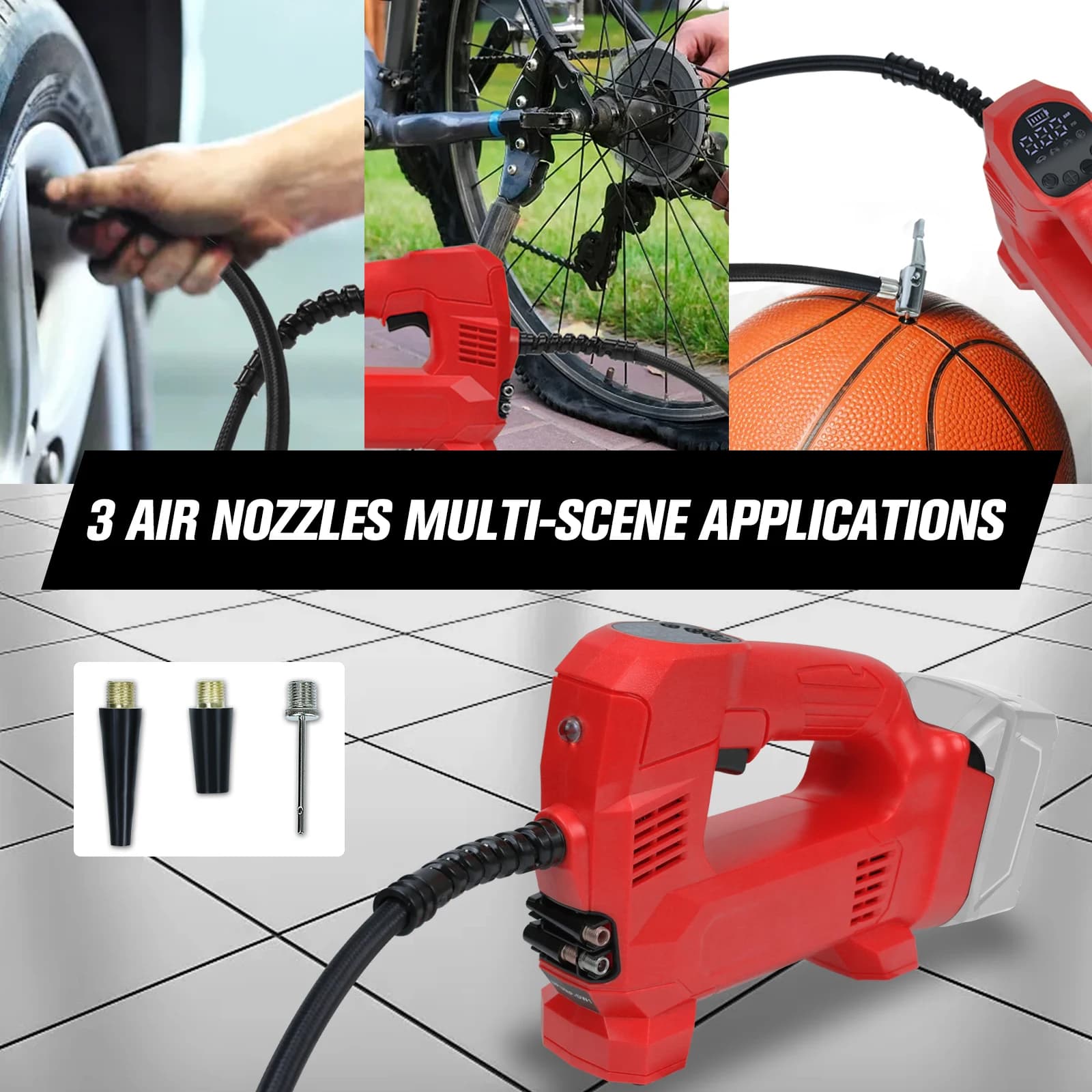 Pompa d'aria elettrica portatile senza fili con display digitale, compressore d'aria per gonfiare pneumatici di auto e biciclette, compatibile con batteria Milwaukee 18V