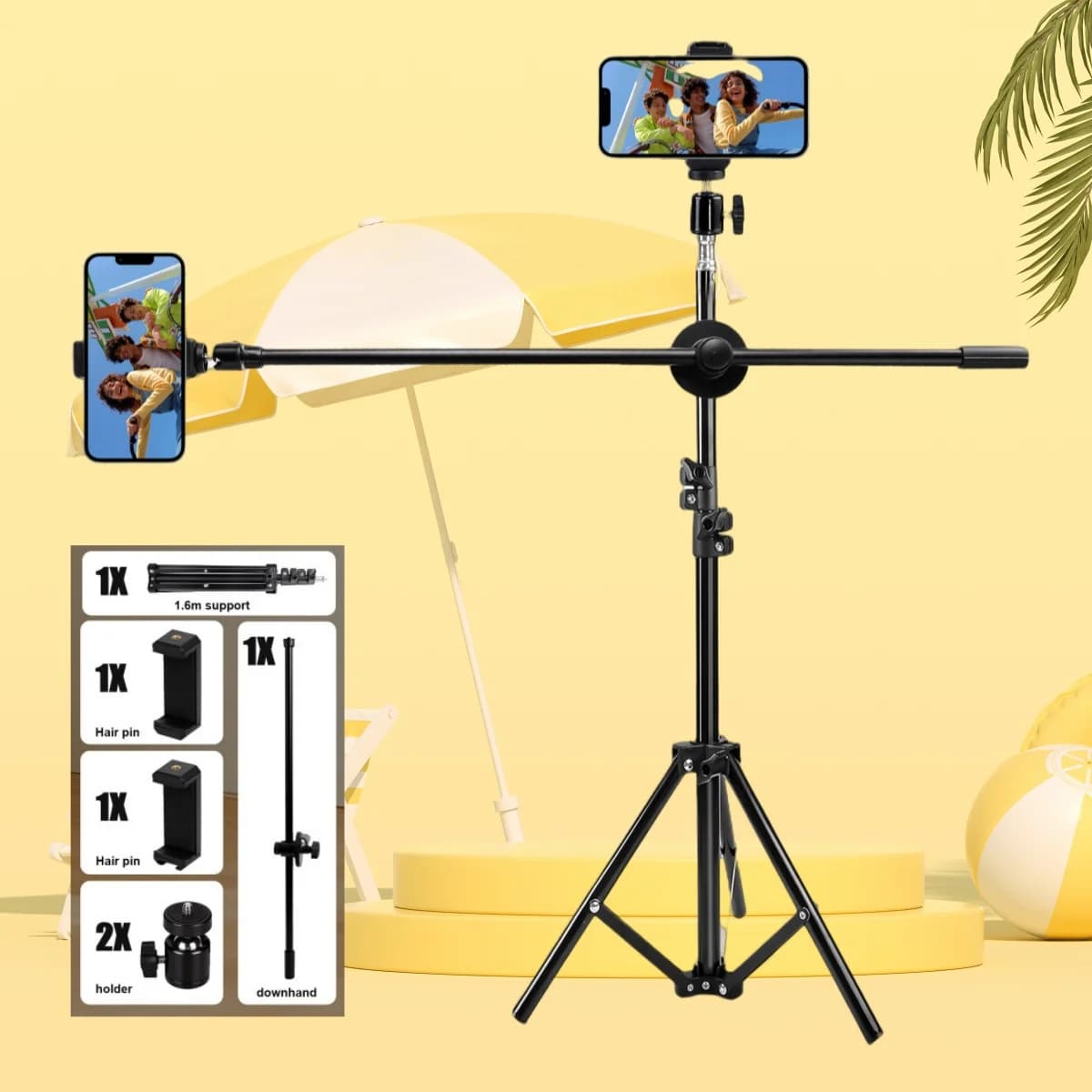 Supporto portatile per telefono e microfono da 63 pollici: treppiede resistente, clip per due dispositivi e testa a sfera in metallo per registrazione e live streaming