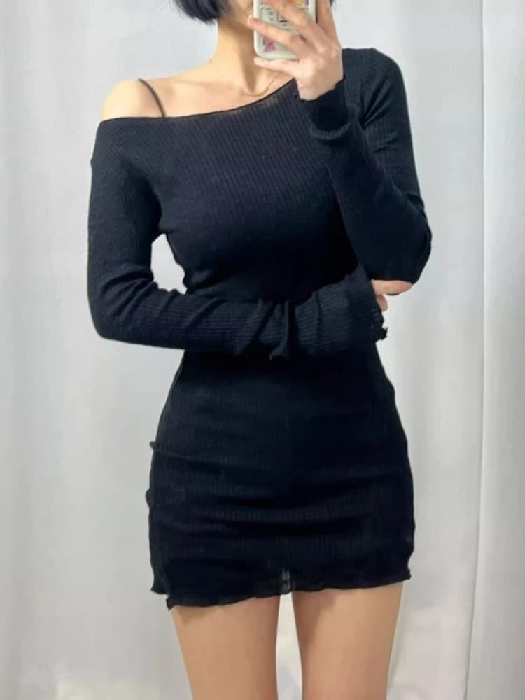 zjaiss 2026 Spring Summer New Thin Solid Off Shoulder Dresses Korea Skin-Friendly Slim Sexy Long Sleeve Dress For Women