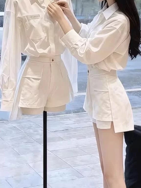 Fashionable White Neck Shirt And Work Skirt Set Women's Autumn New Style Retro Two-Piece Suit High Waist Short Pants