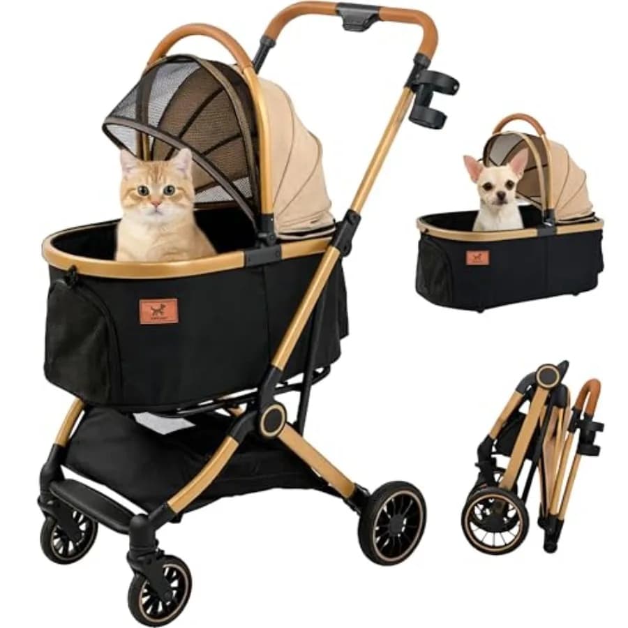 Passeggino 3-in-1 per Animali Domestici da Viaggio, Classico Marrone in Poliestere con Ruote Girevoli a 360°, Design Leggero e Pieghevole con Cestino Staccabile