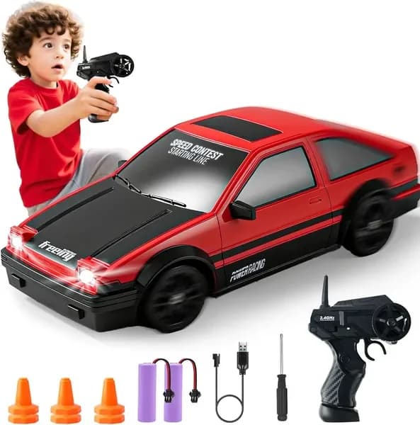 Auto RC Drift con Luci LED, Telecomando 2.4GHz, Include 2 Batterie e 2 Set di Pneumatici per