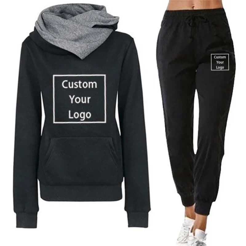 Modello di design fai-da-te Abbigliamento femminile Autunno/Inverno Set da jogging casual Personalizza il tuo logo Stampa Felpa con cappuccio Pantaloni sportivi Tuta da donna