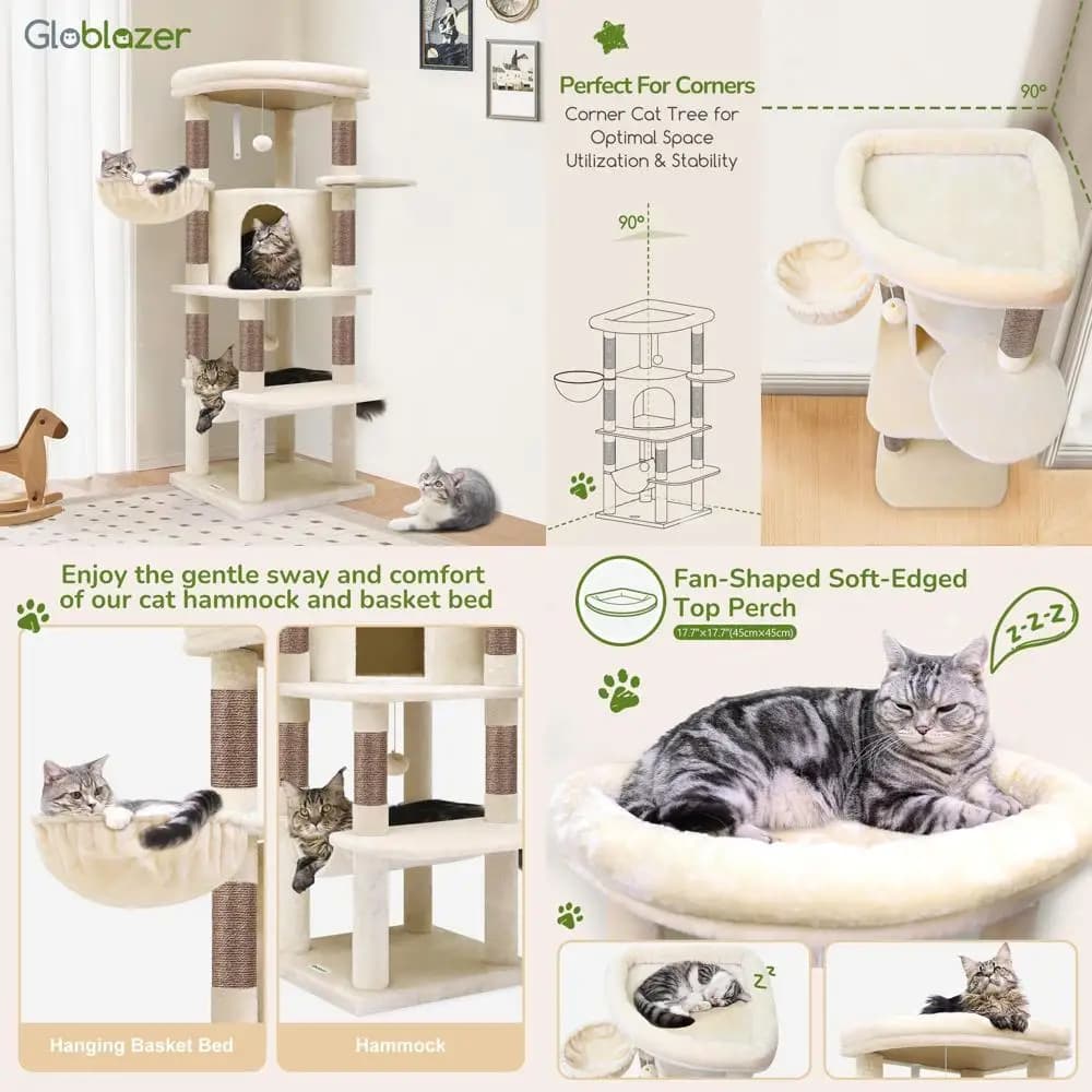 Albero per gatti curvo contemporaneo 51 con amaca, 7 tiragraffi, piattaforma grande, Condo e cestino, Beige