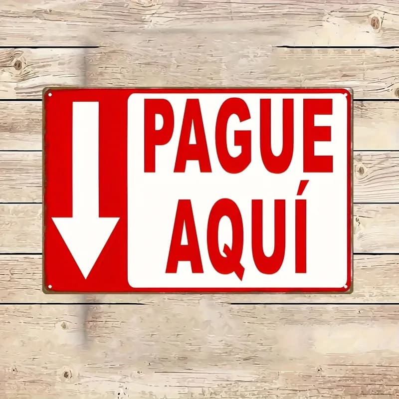 Segnale vintage in metallo con freccia "Paga qui" 20,32x30,48 cm – Targa direzionale resistente e impermeabile per registratori di cassa, parcheggi e aree di servizio