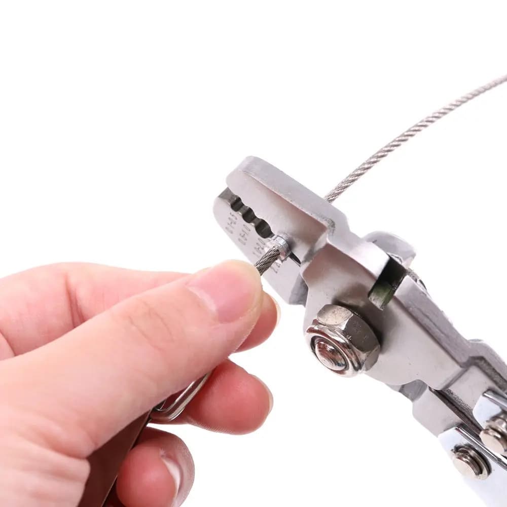 Pinza a manicotto in alluminio crimpatura a ghiera per cavi 1.2-2.2mm pinza a crimpare per fune metallica strumento per Swaging da pesca manicotto ad anello con ghiera a doppia canna