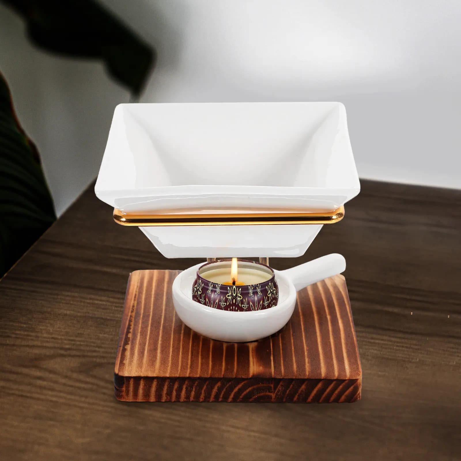 1Set Wood Base Ceramic Aroma Diffuser Tealight Wax Warmer Essential Oil Burner Incense Aroma Diffuser Aromatherapy Furnace