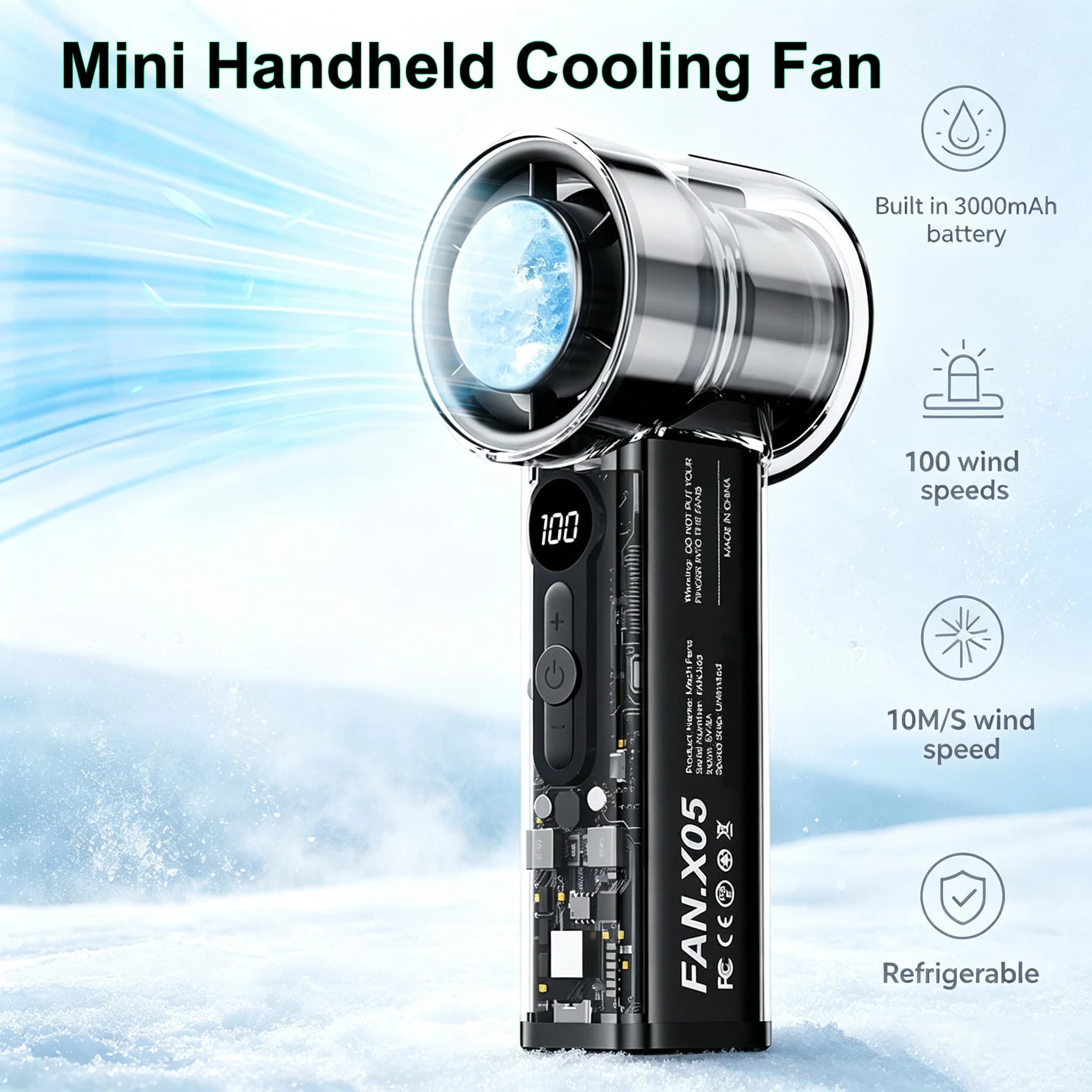 Mini Handheld Cooling Fan with LED Display 3000mAh Battery Life Portable Refrigerable Summer Fan 100 Wind High Speeds 10M/S