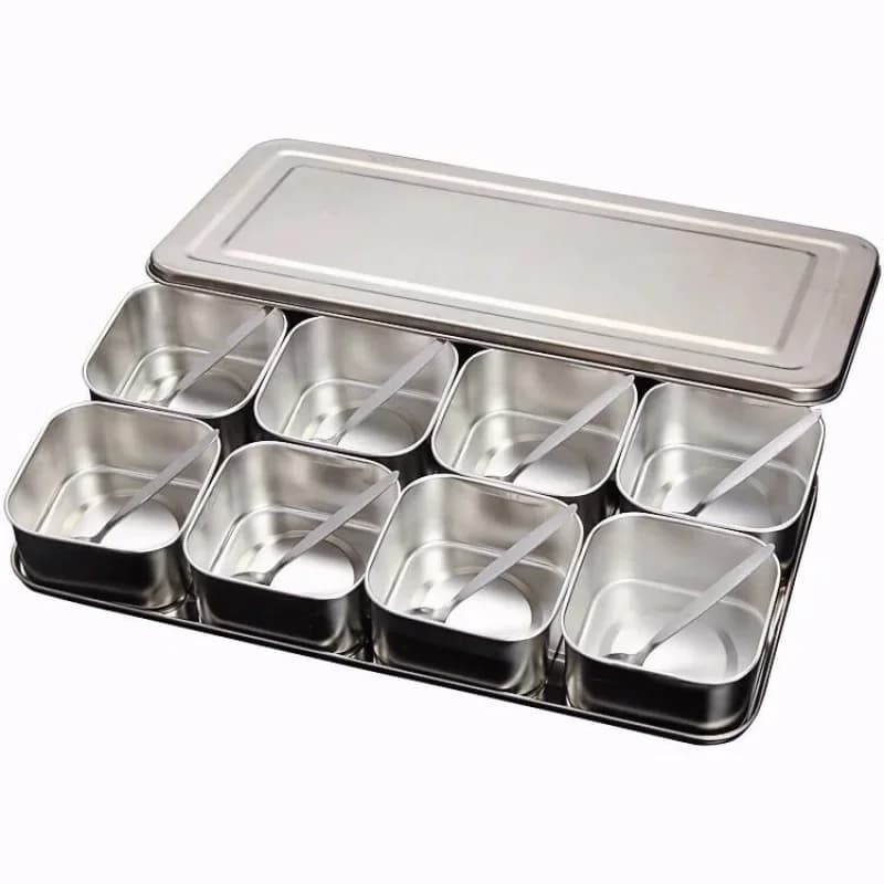Set di scatole per condimenti in acciaio inossidabile giapponese Barattolo per condimenti creativo 6 griglie 8 opzionali con coperchio Scatola per spezie per la salute della cucina