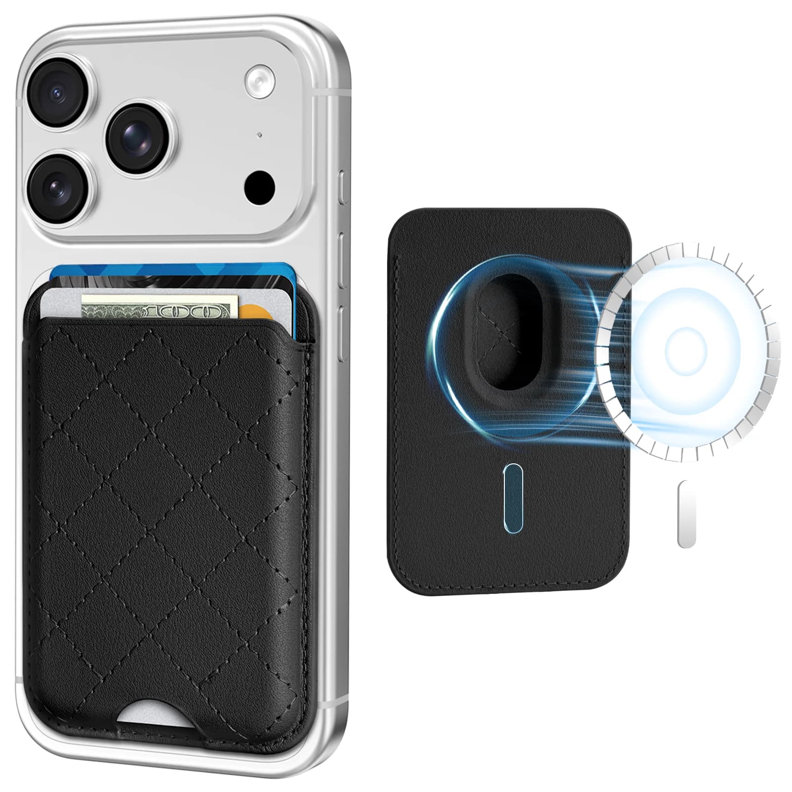 Dadanism Compatibile con Magsafe, Portafoglio Magnetico per 3 Carte, Portafoglio Magnetico per iPhone con Blocco RFID, Pelle Trapuntata a Diamante