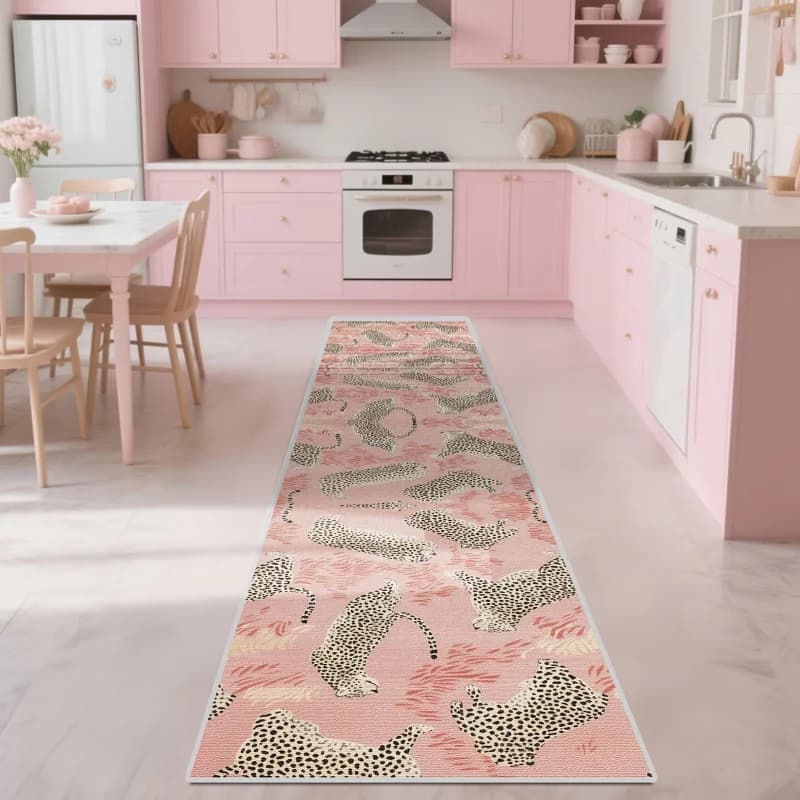 VIKAMA Tappeto Runner con stampa leopardata rosa, facile da pulire, per ingresso, corridoio, camera da letto, cucina e balcone, tappeto antiscivolo, decorazione per la casa