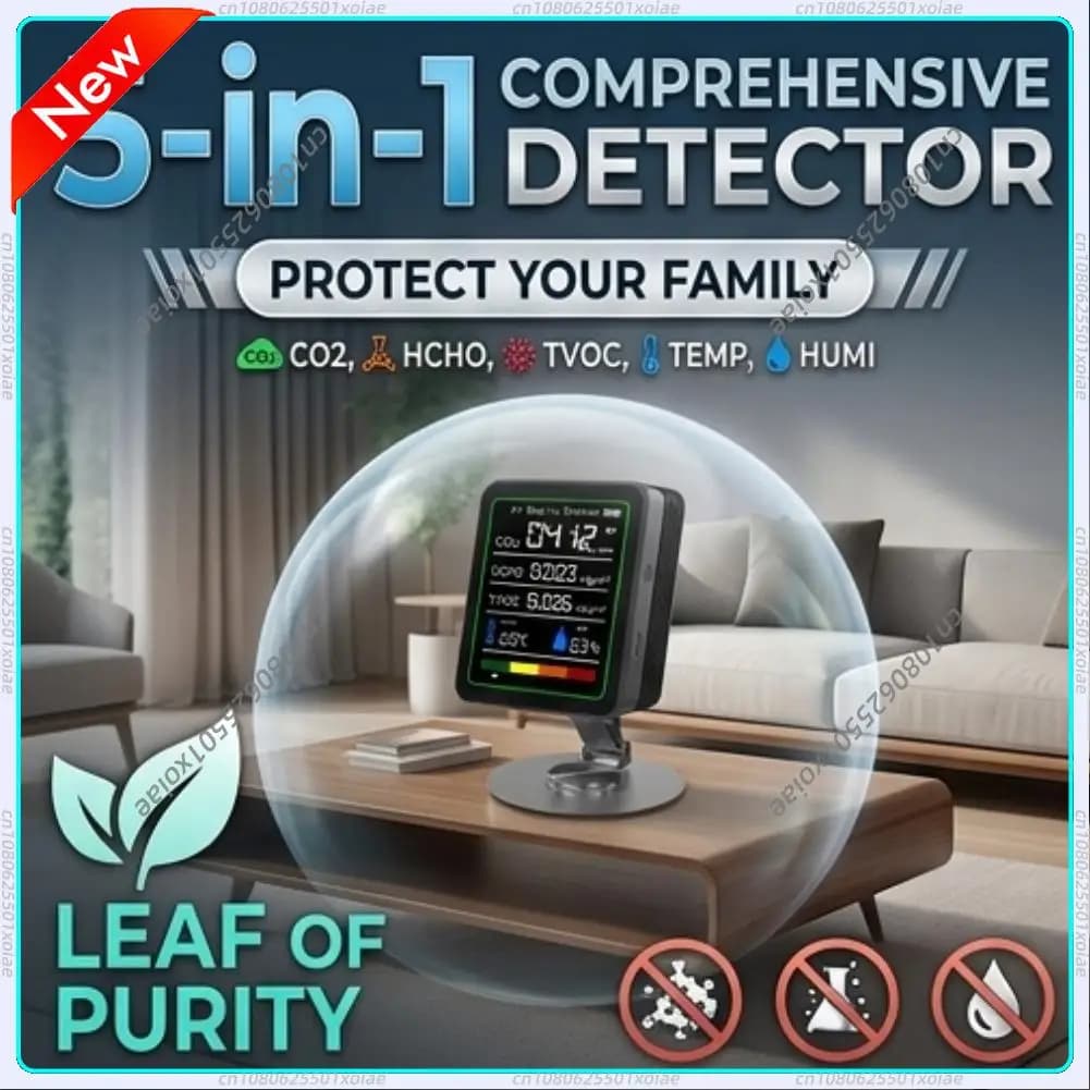 Air Quality Monitor 5 in 1 USB Rechargeable, CO2 Detector, HCHO TVOC Tester with Adjustable Support for Auto, Home and Office