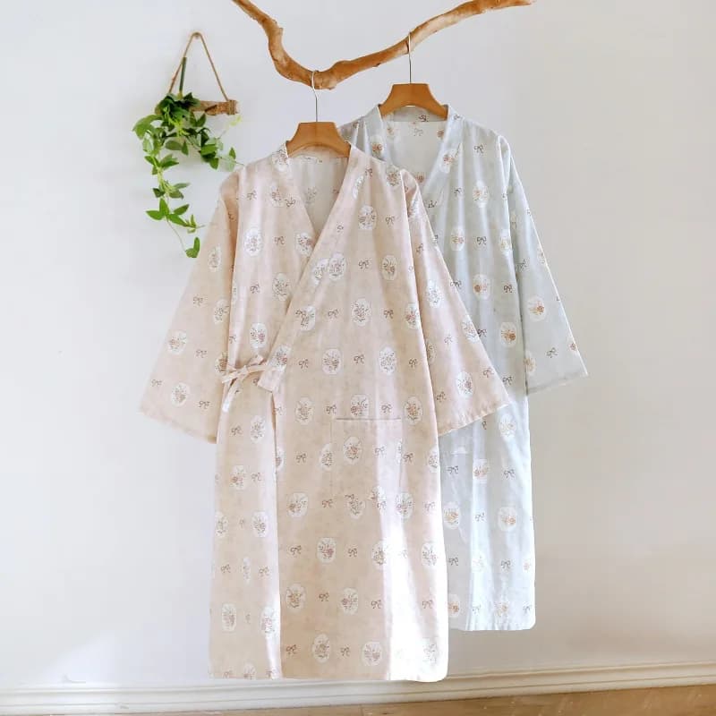 2026 Japanese New Women's Spring/Summer Sleeping Robe 100% Cotton Gauze Bathrobe Thin Flower Home Clothing Robe