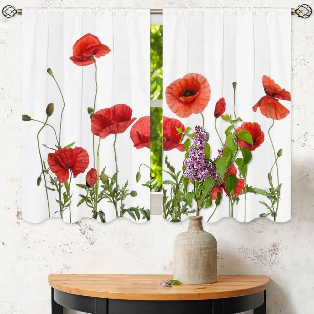 Kitchen curtains red poppies Beautiful flower Flower Green leaves Semi field Short-level curtains for bathroom Cafe Small window