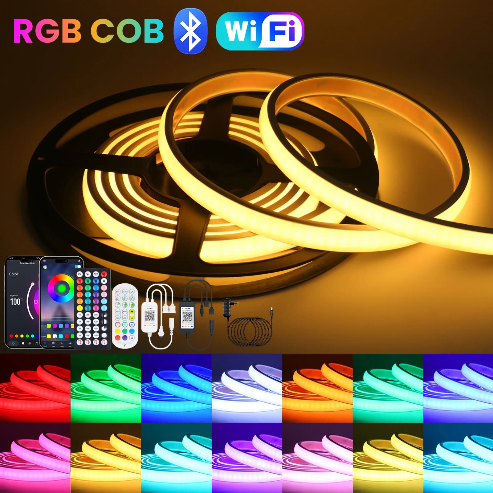 Striscia LED RGB COB WiFi Bluetooth con Telecomando a 24/44 Tasti, Kit di Alimentazione 24V 576 LED Impermeabile Flessibile al Neon per Alexa Google Home Decor