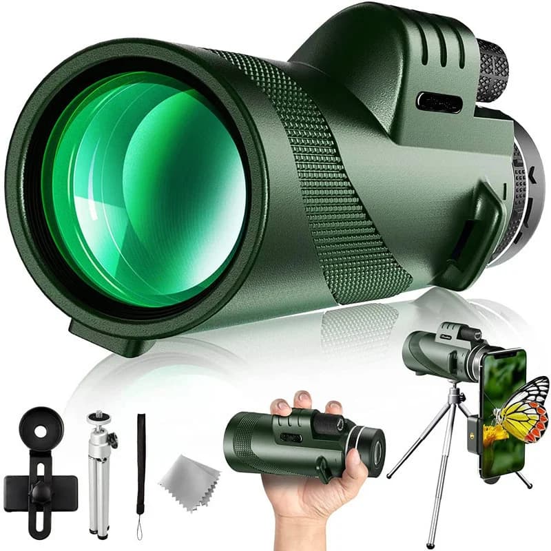 Telescopio monoculare professionale HD 80x100 con adattatore per telefono e treppiede, prisma BAK4 per birdwatching, caccia, visione notturna