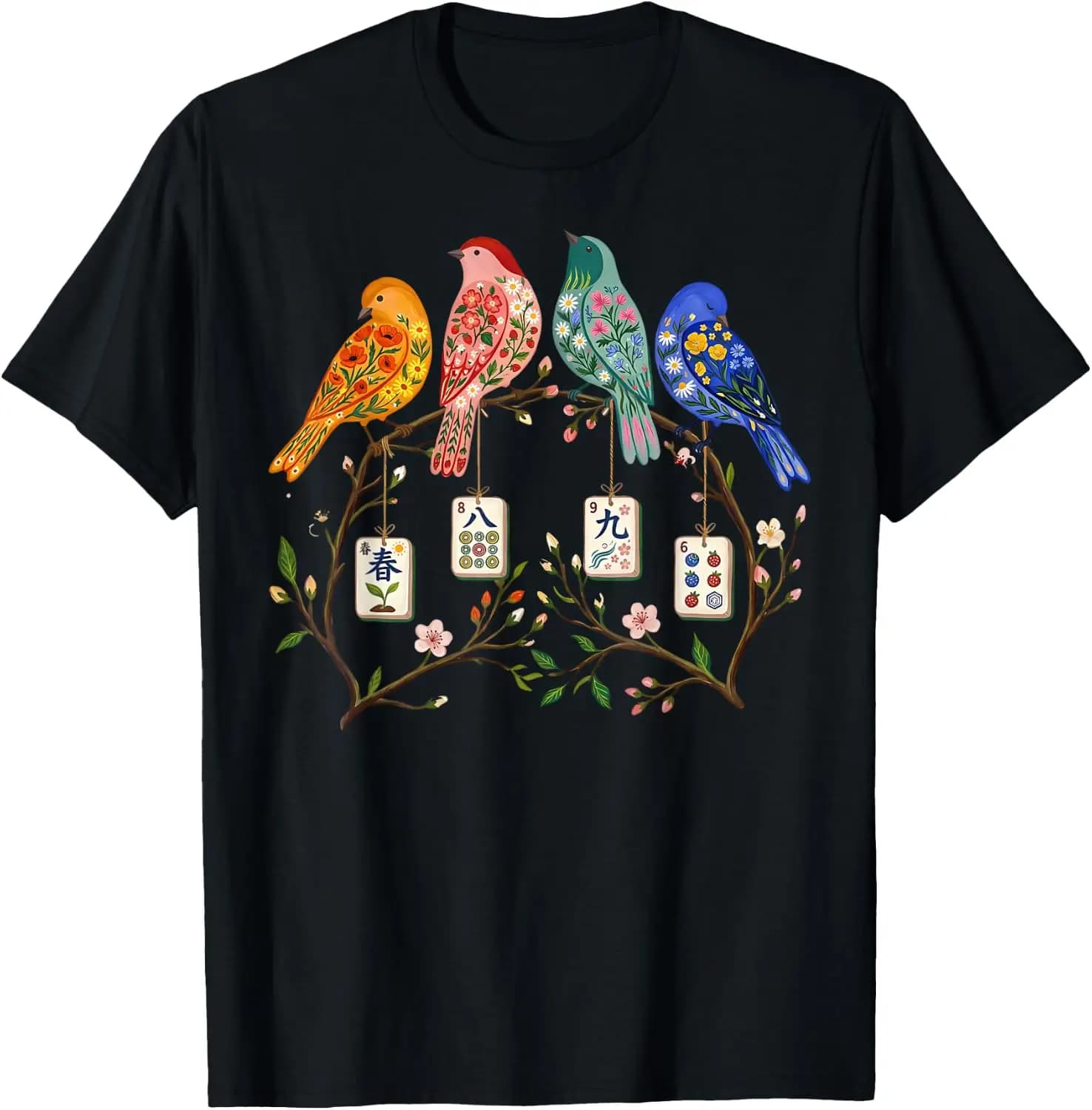 Floral Mahjong Bird On Tile Branch Chinese Game Mah Lovers T-Shirt Birds, Bird Lover Shirts,Colorful Pattern,Birdwatching,Nature