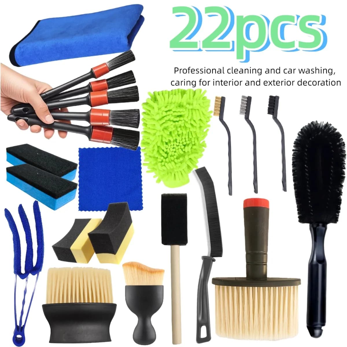 10pcs 22pcs Car Wash Cleaning Tool Set Waxing Polishing Sponges Wash Mitts Wheel Hub Brushes Detail Brushes Uses For Car Care