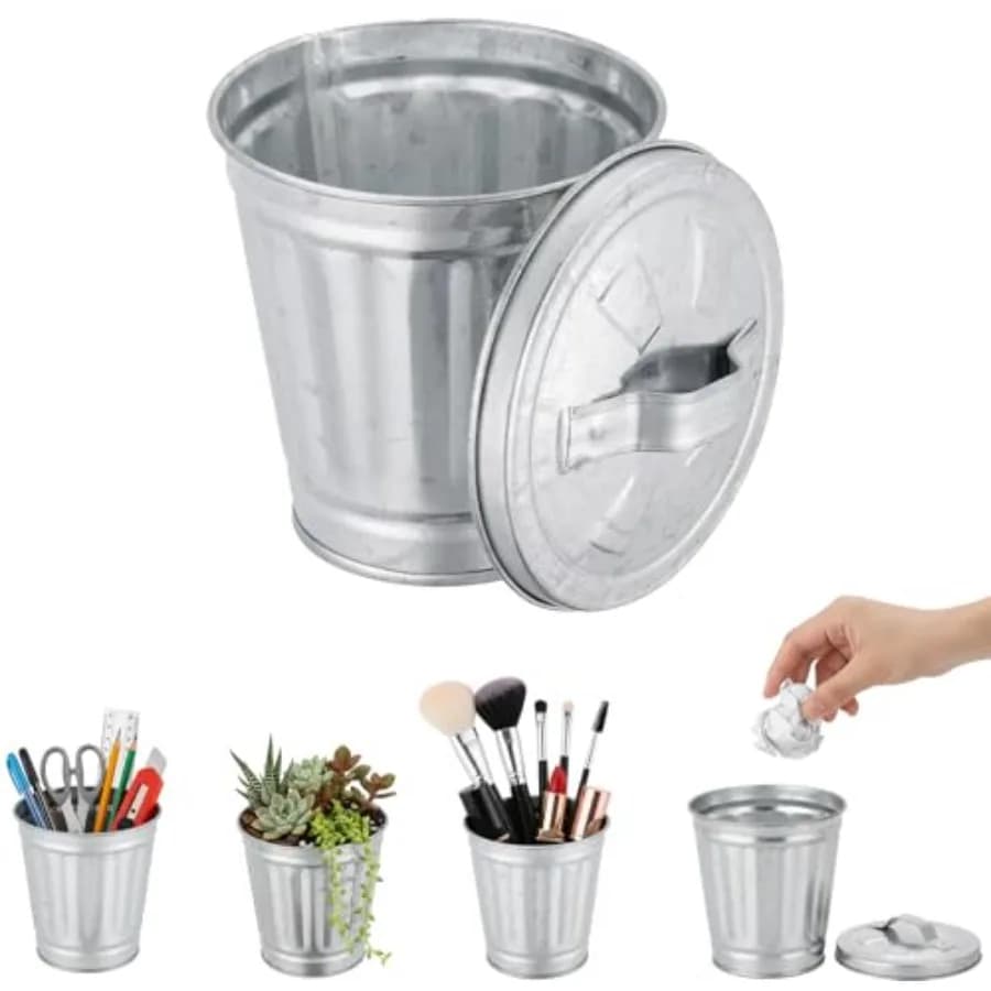 Mini Galvanized Trash Can with Lid, Mini Wastebasket Small Metal Buckets with Lids Mini Tabletop Metal Rubbish Bin Flower Pot P