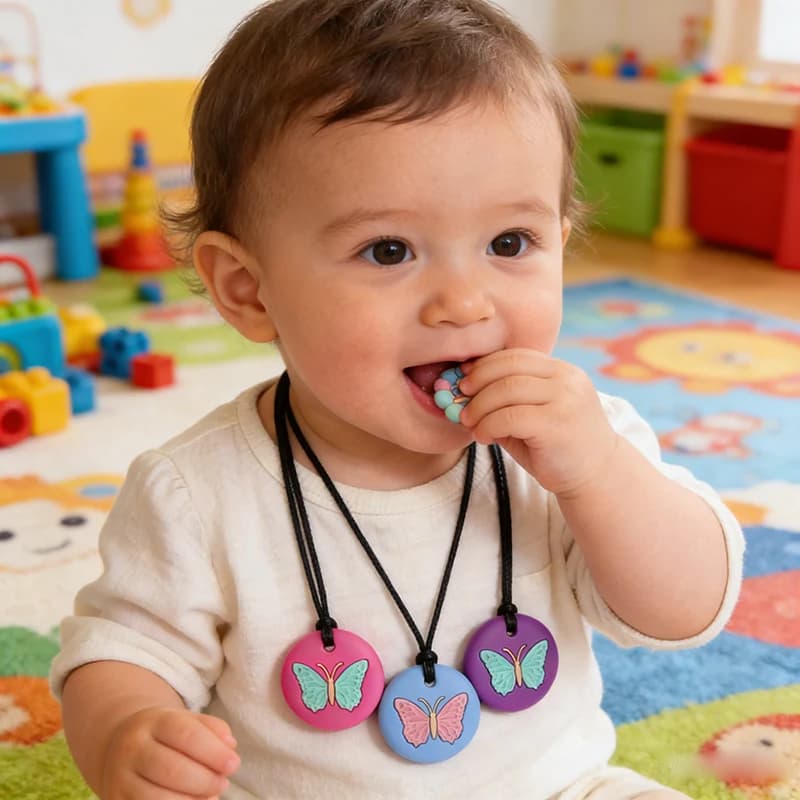 1 pz Collana da Masticare in Silicone a Forma di Farfalla, Giocattolo da Masticare per Bambini, per Ansia e Fidget