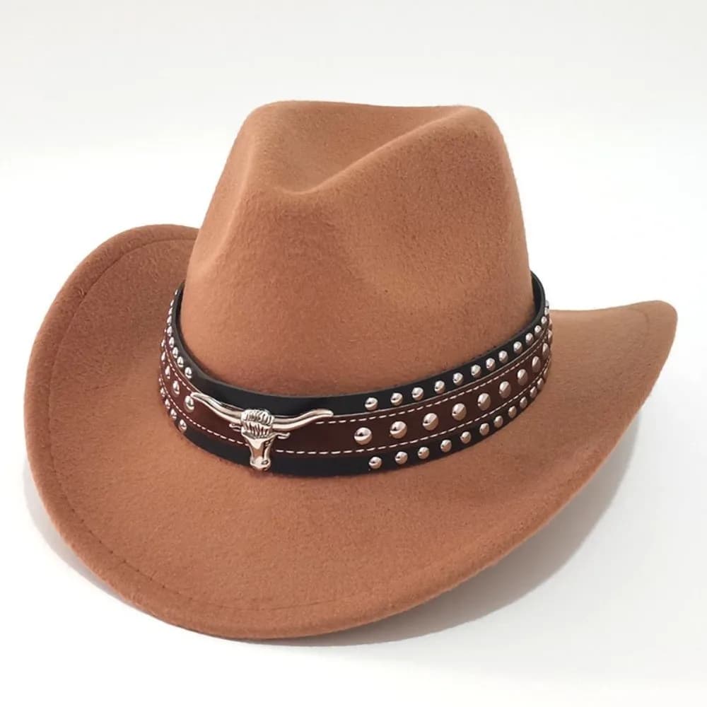 New Felt Western Cowboy Hat Ox Head Decorative Ethnic Style Tibetan Style Top Hat Wide Brim with Belt Studded Leather Cap Women