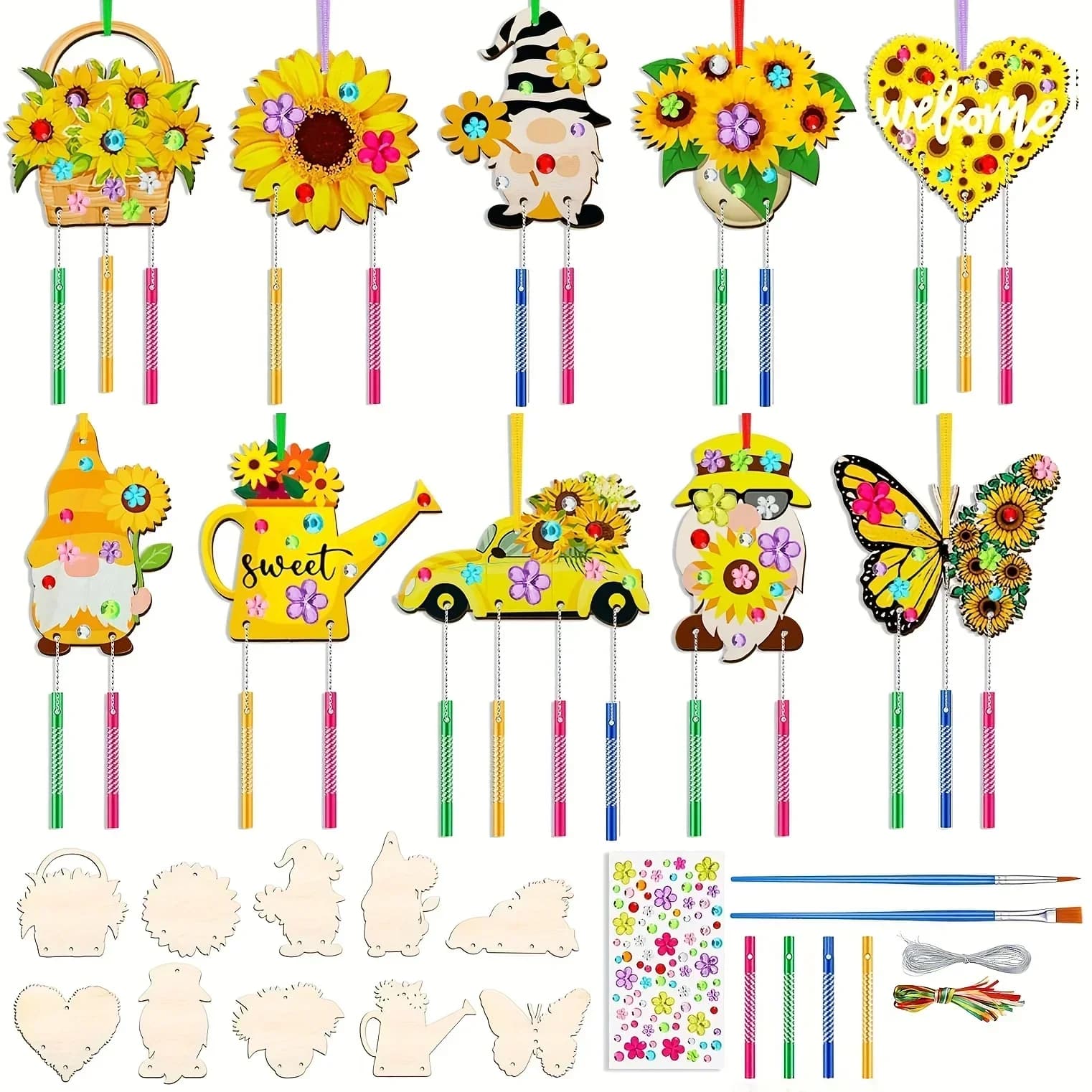 2026 New model Advanced Latest High Quality 1Set Unfinished Wooden Sunflower Wind Chimes DIY Craft for Valentines Day Home Decor