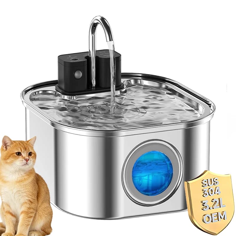 Fontanella per Gatti Wireless da 3,2L/108oz in Acciaio Inox, Funzionamento a Batteria 4000mAh Ricaricabile e Rubinetto Integrato