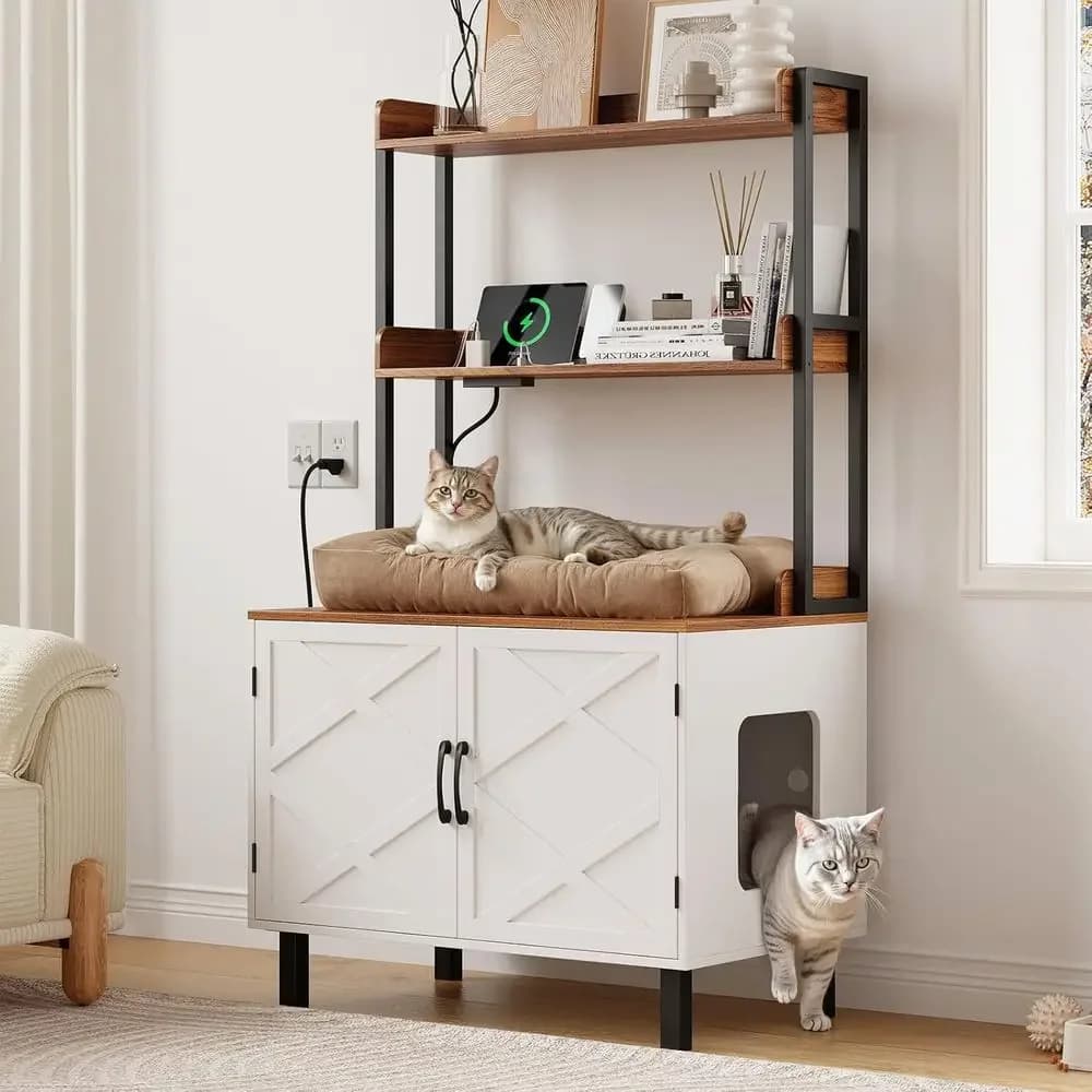 55 White Wooden Cat Litter Box Enclosure with 2 Shelves, Charging Ports, Suitable for Living Room & Entryway