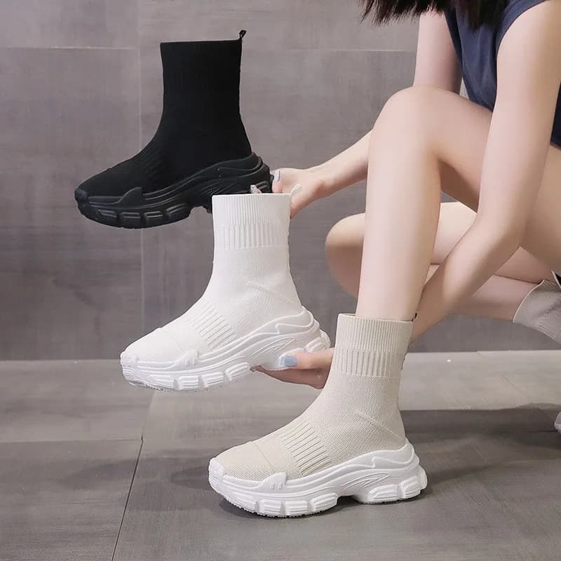 Women's Summer Sock Boots New Shoes Sock High Black Shoes Casual Flying Stretch Fabrics With Women's Thick Sole C1158