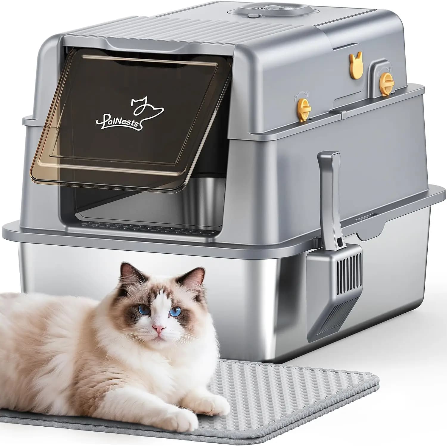 Lettiera per Gatti in Acciaio Inossidabile con Coperchio, Box Chiuso XXL in Metallo per Gatti Grandi, Controllo Odori e Anti-Perdita - Grigio