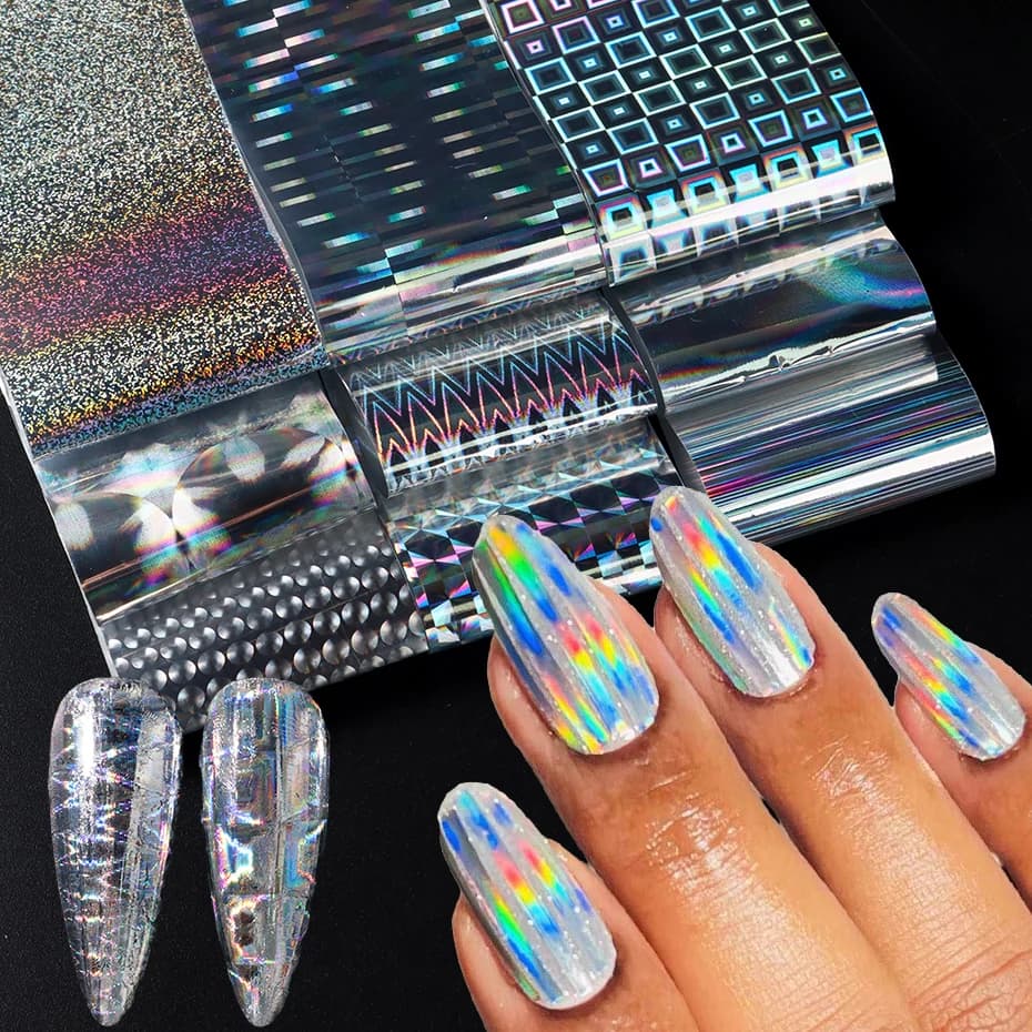 10pcs Holographic Nail Foil Transfer Nail Art Foils Stickers Irridescent Rainbow Star Geometric Aurora Laser Nail Art Decoration