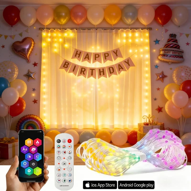Luci a tenda RGB con controllo Bluetooth tramite app, sincronizzazione musicale, display dinamico fai-da-te, luci fatate per finestre, camera da letto, decorazioni per feste in casa