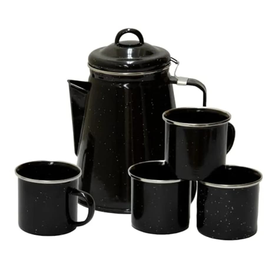 Caffettiera percolatore smaltata da 8 tazze e set da 4 tazze - Caffettiera da campeggio resistente con tazze da 350 ml - Stelo per percolatore incluso