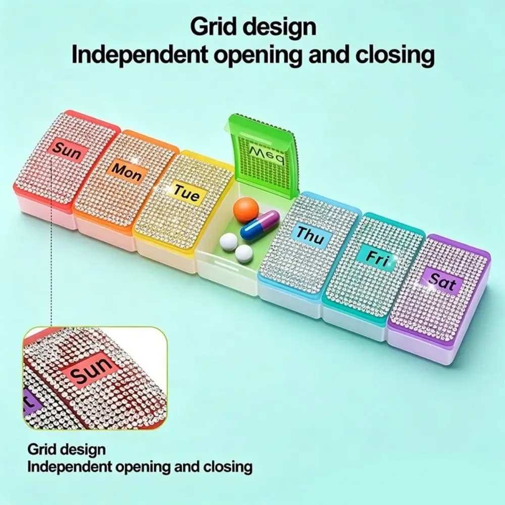 7 Grids Colorful Rhinestone Pill Box Sealed Plastic 7 Day Pill Case Waterproof Moisture-proof Vitamin Storage Container Fish Oil