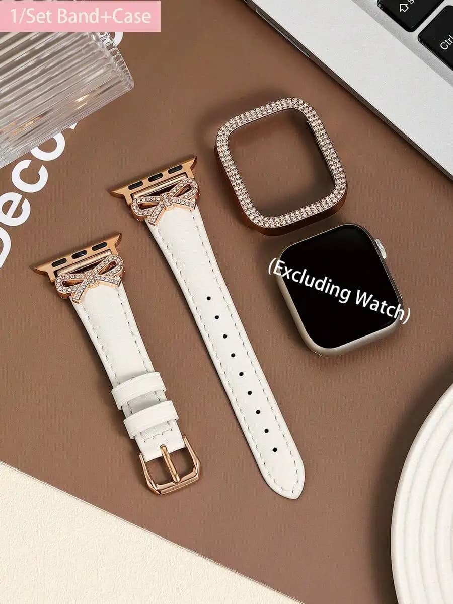 1/Set Luxury Rose Gold Diamond Bow Watch Band White + Shiny Hollow Case, Compatible With Apple Watch Band, Fits 38 40 41 42 44
