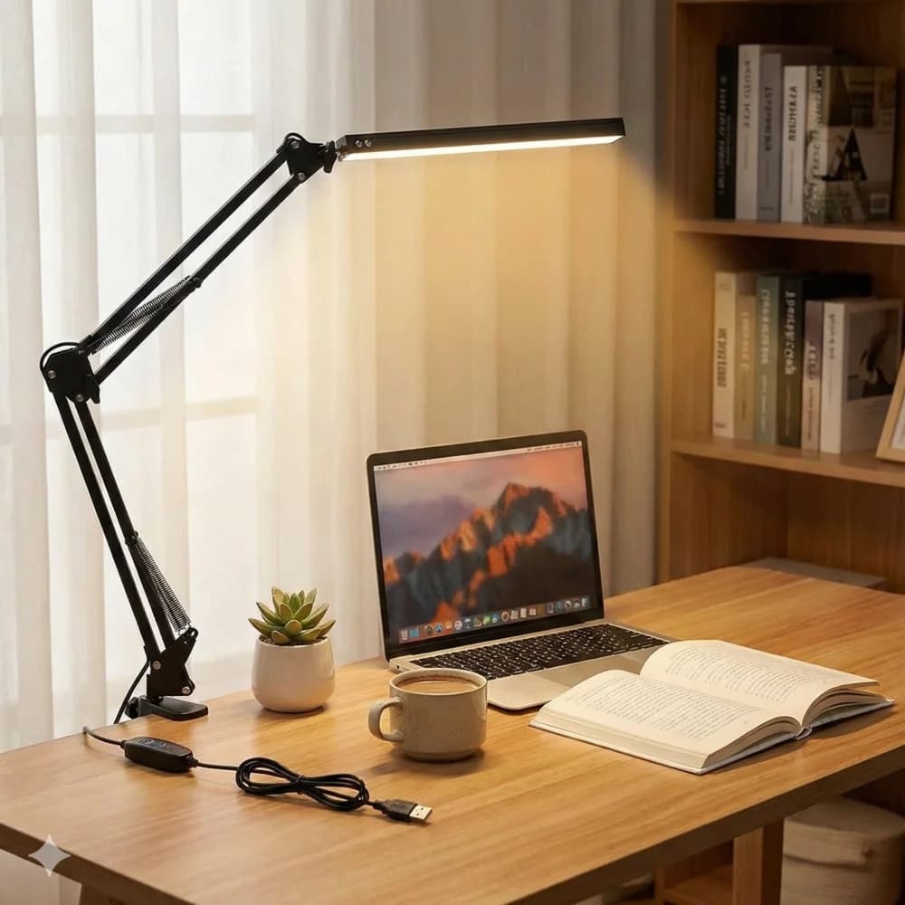 Lampada da Scrivania LED 10W con Morsetto, Braccio Orientabile, Protezione Occhi, Dimmerabile, 10 Livelli di Luminosità, 3 Modalità, Ricarica USB