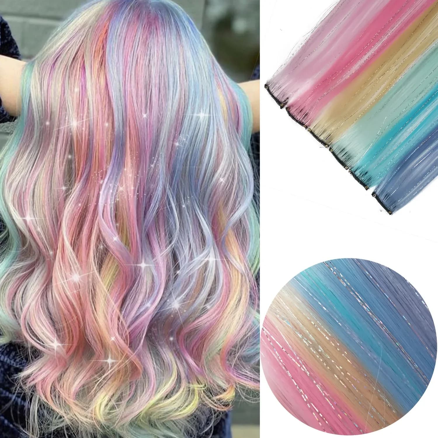 Extension per capelli multicolori con clip, mix di filamenti colorati, extension per capelli arcobaleno 2 in 1 con filamenti argentati per bambine e ragazze