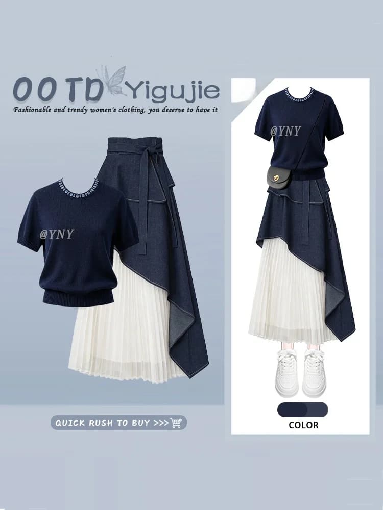 Stylish Retro OOTD High Waist Half Skirt with Denim Patchwork Short Sleeve round Neck Top Summer Two-Piece Set for Women