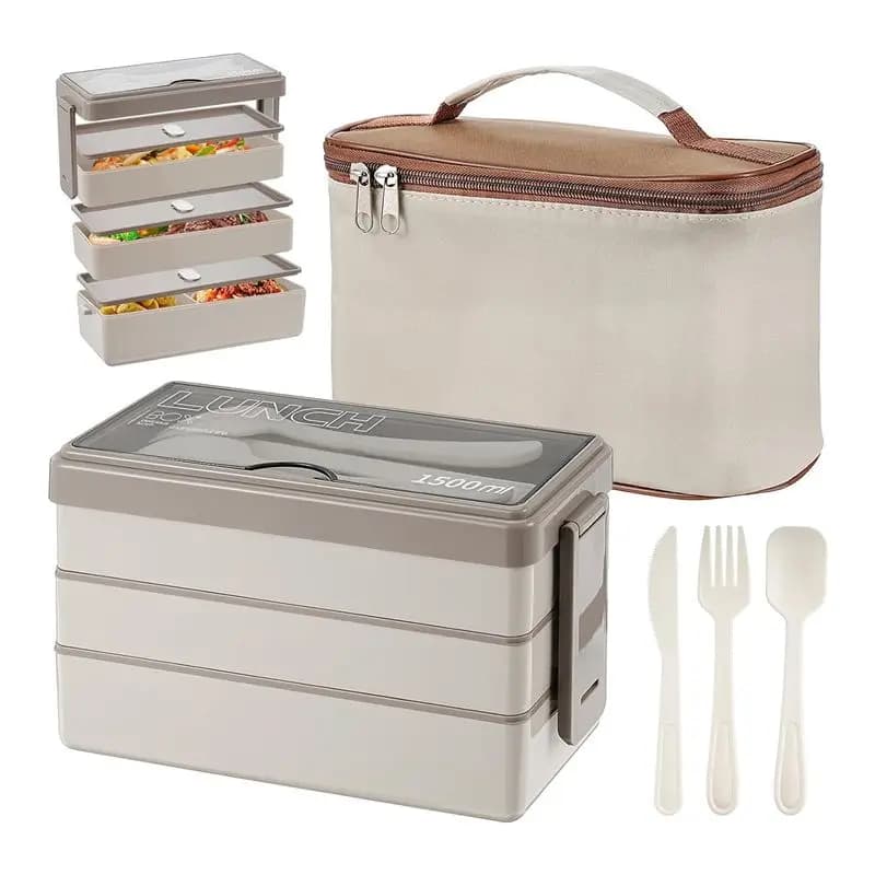 TEXU Bento Box da 1500 ml con borsa - Lunch Box a 3 strati con set di posate, contenitore per la preparazione dei pasti 4 in 1 con borsa termica (Beige) Du