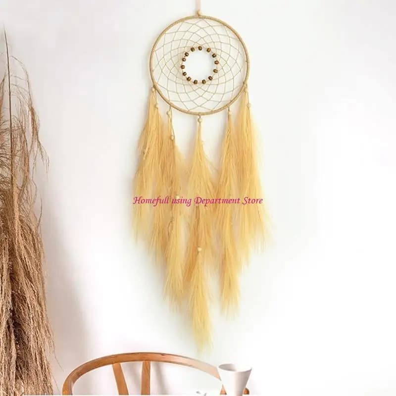 Farmhouses Woven Faux Grass Dreamcatchers with Tassels and Beads Home Wall Decors Hanging Windchimes Ornament Gift