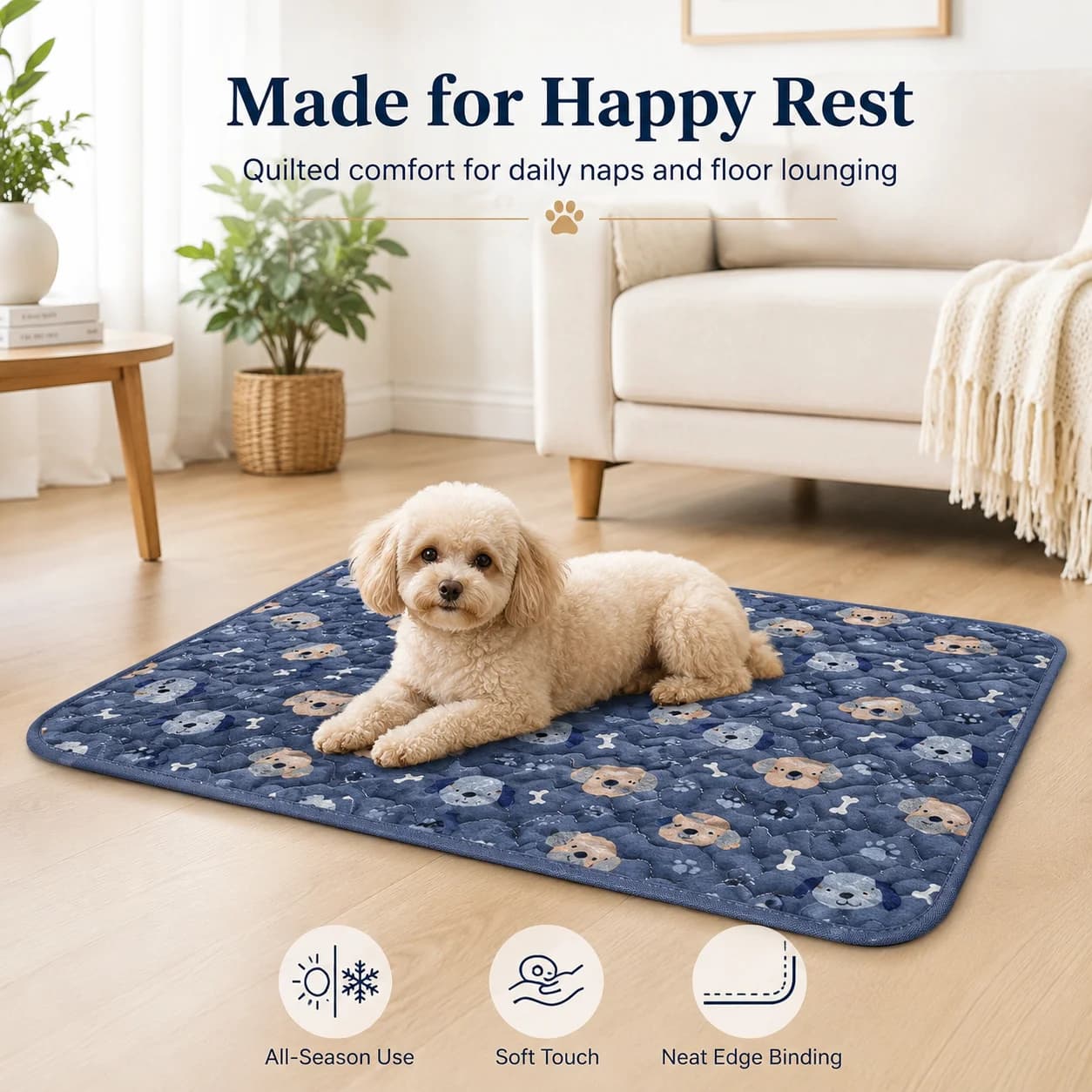 Non-Slip Pet Mat All-Season, Cotton Sleeping Pad for Dogs Cats, Summer Cooling Floor Bed for Pets