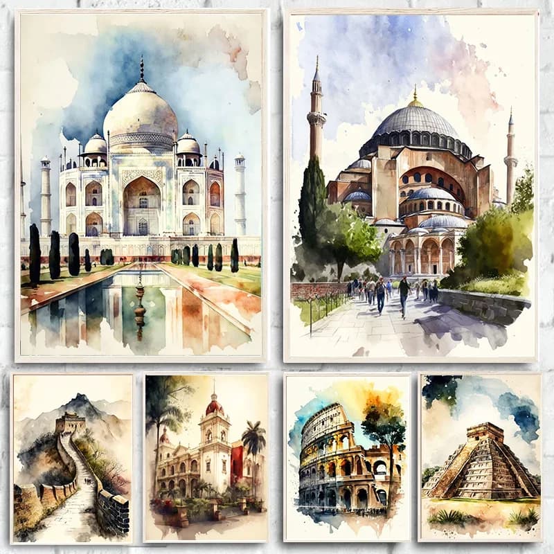 (2D canvas painting) World Historic Site Great Wall Pyramid Taj Mahal Ruins Art Poster Watercolor Canvas Painting Wall Print