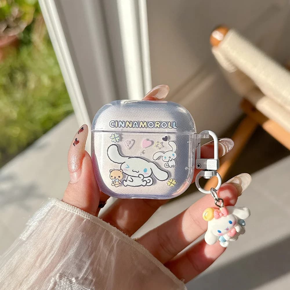 Simpatica custodia per auricolari Sanrio Cinnamoroll per Airpods 1 2 3 4 Pro 2 3, cover protettiva per cuffie Bluetooth wireless con ciondolo