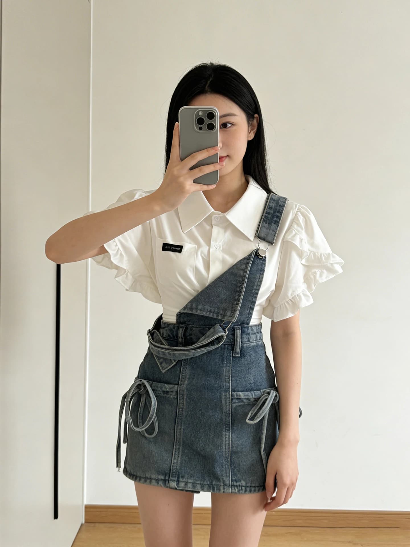 Korean College Style White Short Sleeve Shirt Women Summer Short Jeans Overalls One Whole Ootd Matching Set High Waist Short ...