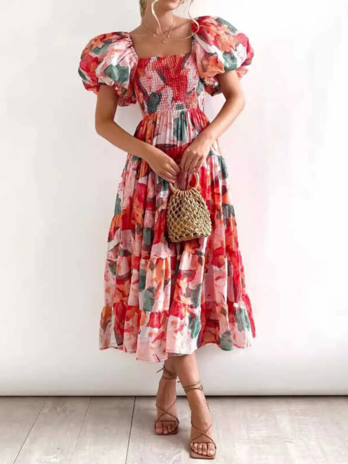 Abito Lungo Estivo Senza Maniche con Stampa Floreale, Vita Annodata, Gonna a Balze, Vestito a Trapezio per Vacanze al Mare, Abbigliamento Donna