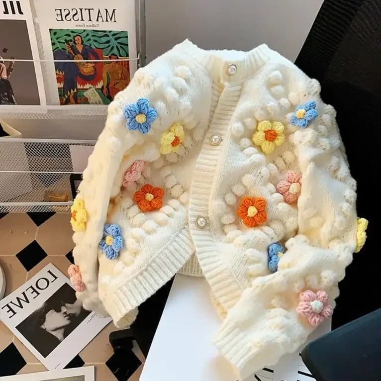 Maglione Kawaii Cardigan lavorato a maglia con ricamo floreale 3D da donna a maniche lunghe maglione a contrasto con petto singolo 2024 autunno