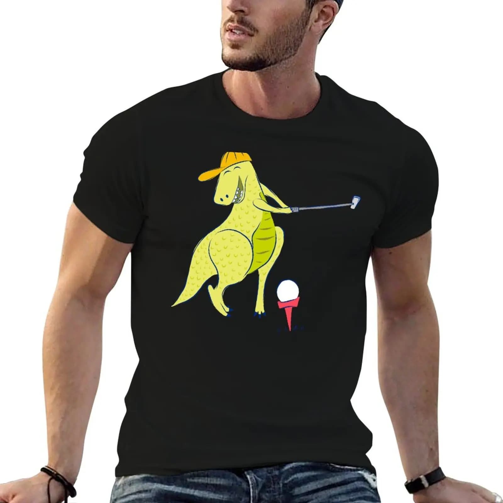 T-shirt Happy Golfing Dinosaur T-shirt da uomo, t-shirt da uomo di design, t-shirt personalizzata